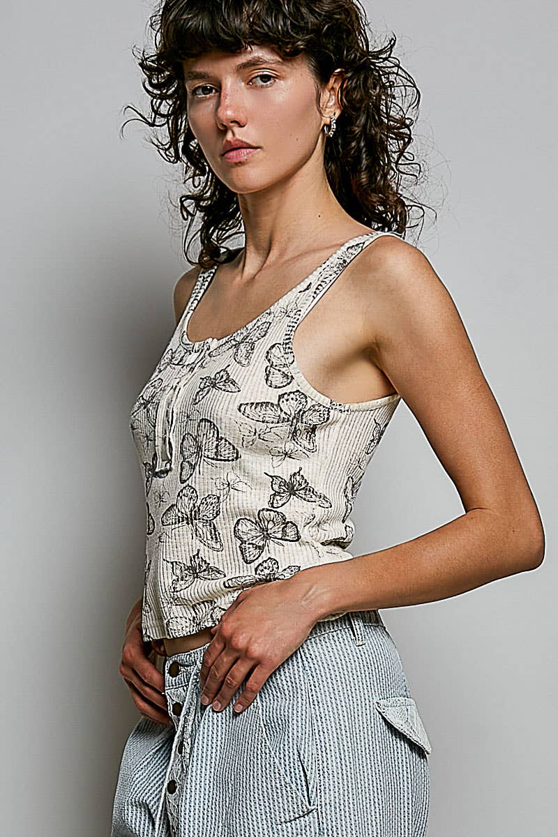 Flit & Vibe Vintage Washing Butterfly Print Slim Fit Knit Sleeveless Top
