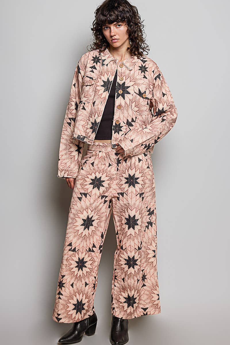 Elasticized Back Waistband Geometric Star Wide Leg Pants