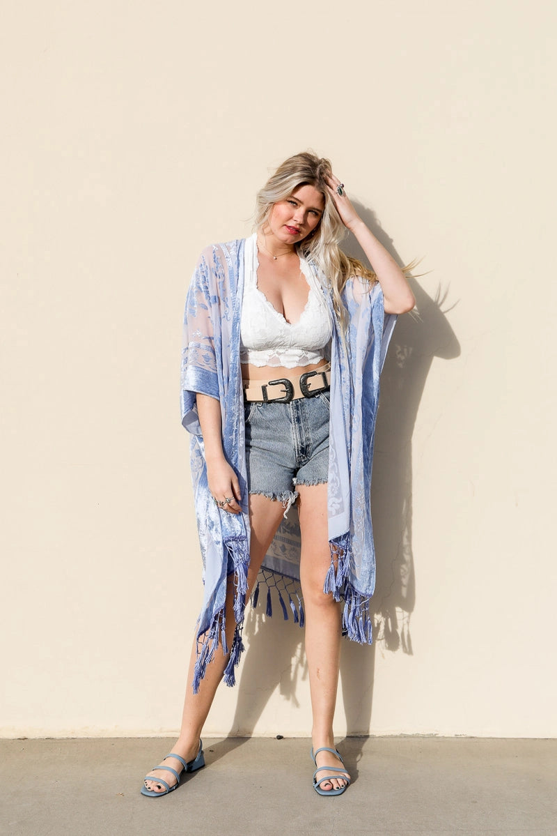 Victoria Velvet Burnout Mesh Tassel Kimono