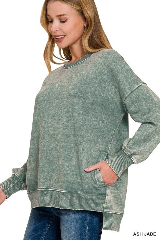 Acid Wash Fleece Ho-Low Hem Pullover in Ash Jaded - ivyandlavyboutique Zenana