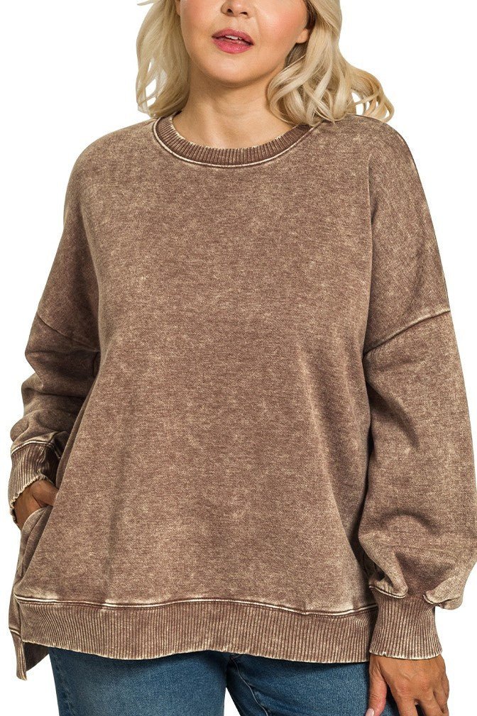 Acid Wash Fleece Ho-Low Hem Pullover in Chocolate - ivyandlavyboutique Zenana