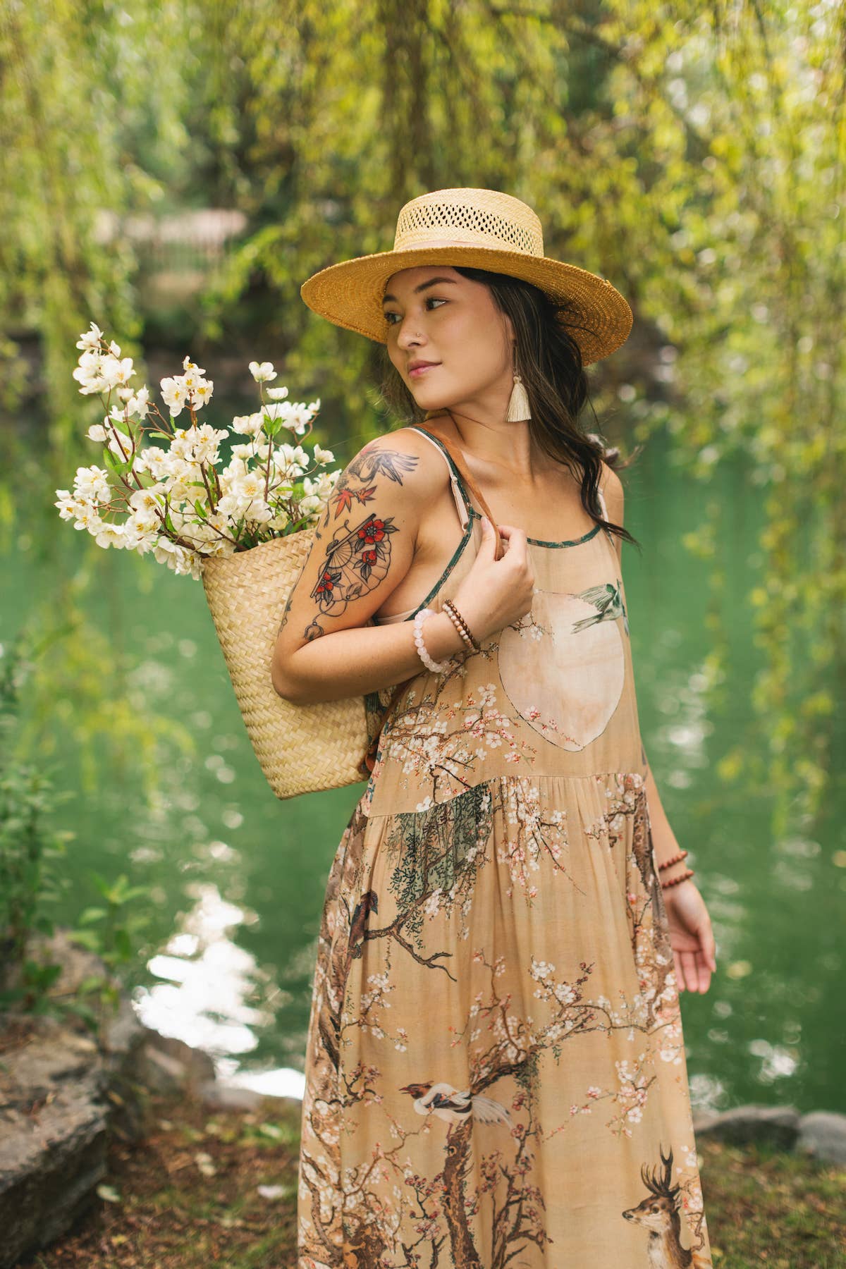 Fable Bohéme Long Maxi Slip Dress w/ Blossoms, Deer & Moon