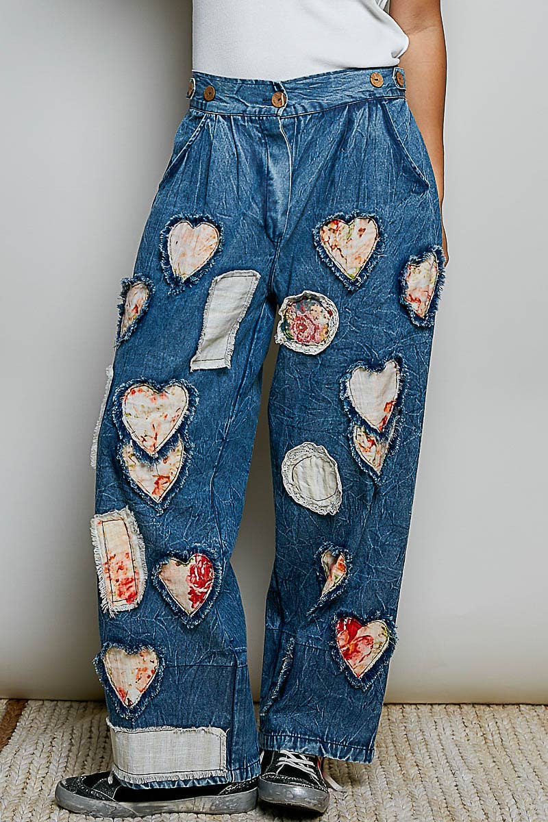 After your Heart Patch Elastic Waistband Adjustable Button Woven Pants - ivyandlavyboutique Pol Clothing