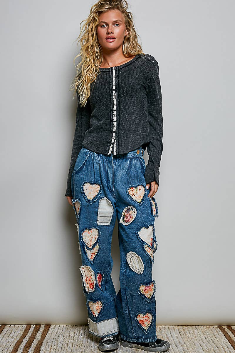 After your Heart Patch Elastic Waistband Adjustable Button Woven Pants - ivyandlavyboutique Pol Clothing