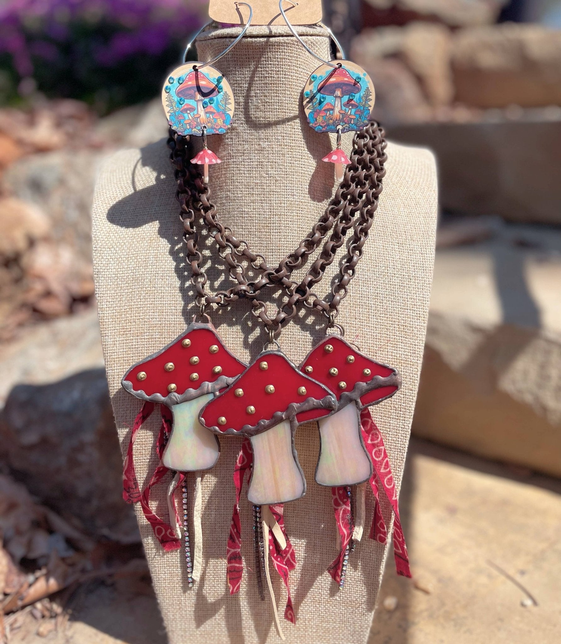 Alice in Wonderland Glass Mushroom Necklace with Tassels - ivyandlavyboutique Gypsy South
