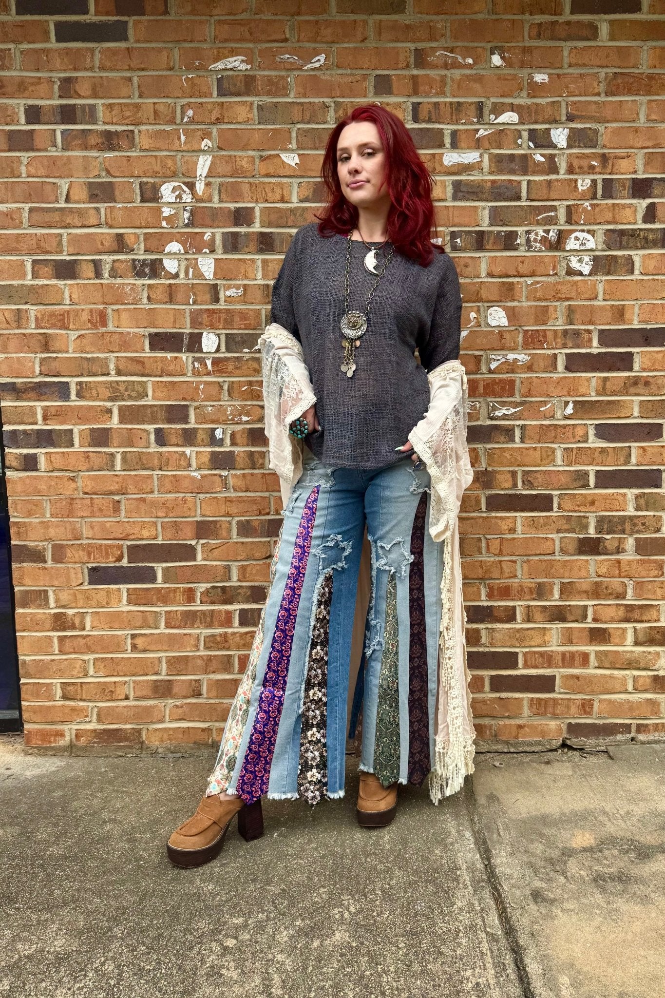 All Tied Up - Abstract One of a Kind Denim Flare Pant - ivyandlavyboutique A Rare Bird Shop