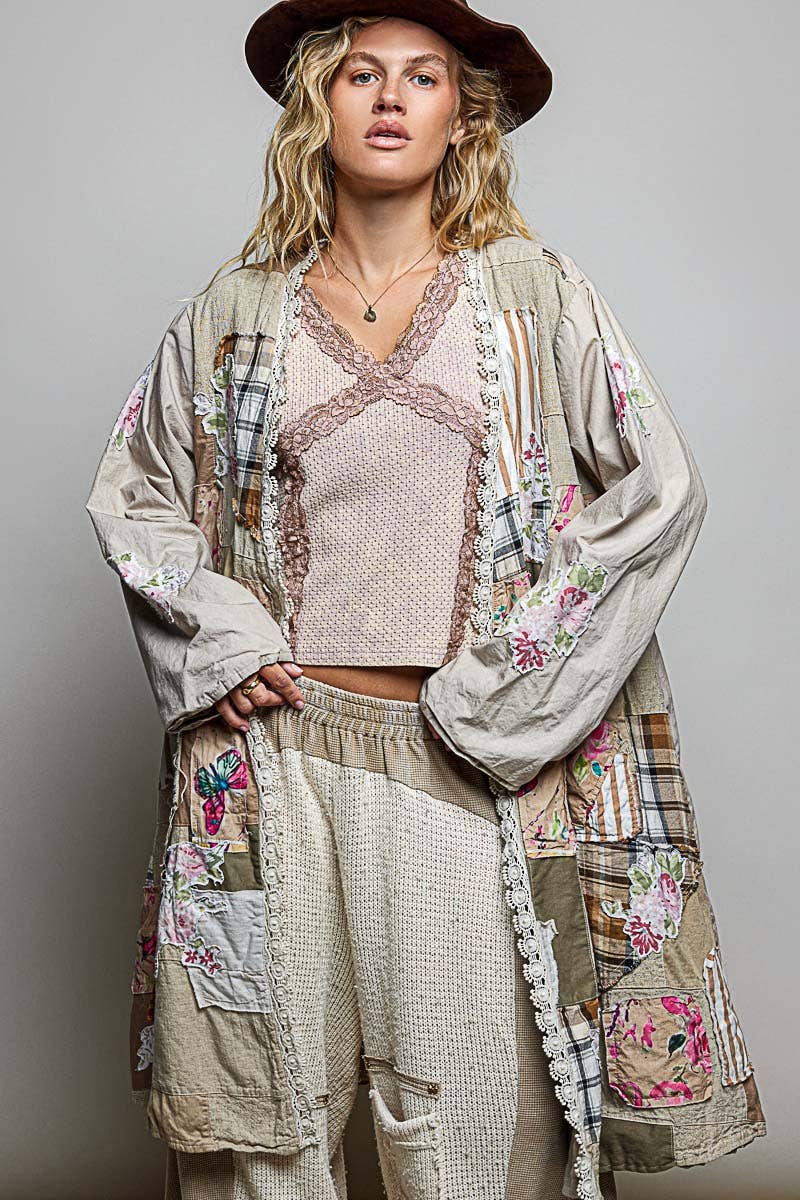Anastasia Lace Trim Patchwork Applique Accents Maxi Cardigan - ivyandlavyboutique Pol Clothing