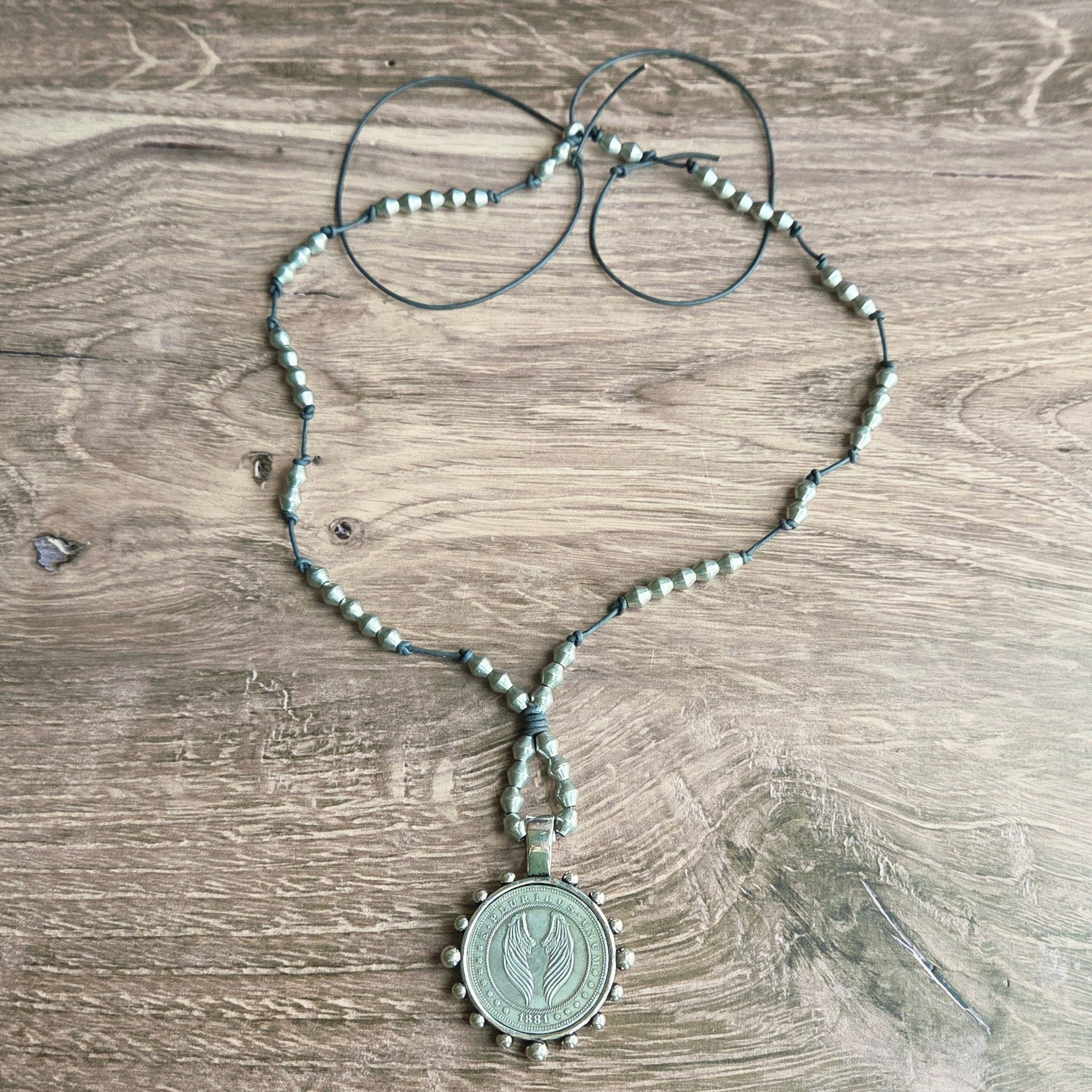Angel Wing Coin in Silver Bezel Beaded Necklace - ivyandlavyboutique ZINC Designs