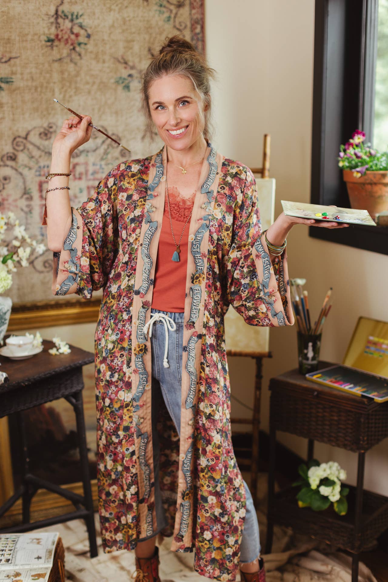 Art of Life Opera Duster Kimono Robe w/Flower Palette Print - ivyandlavyboutique Market of Stars