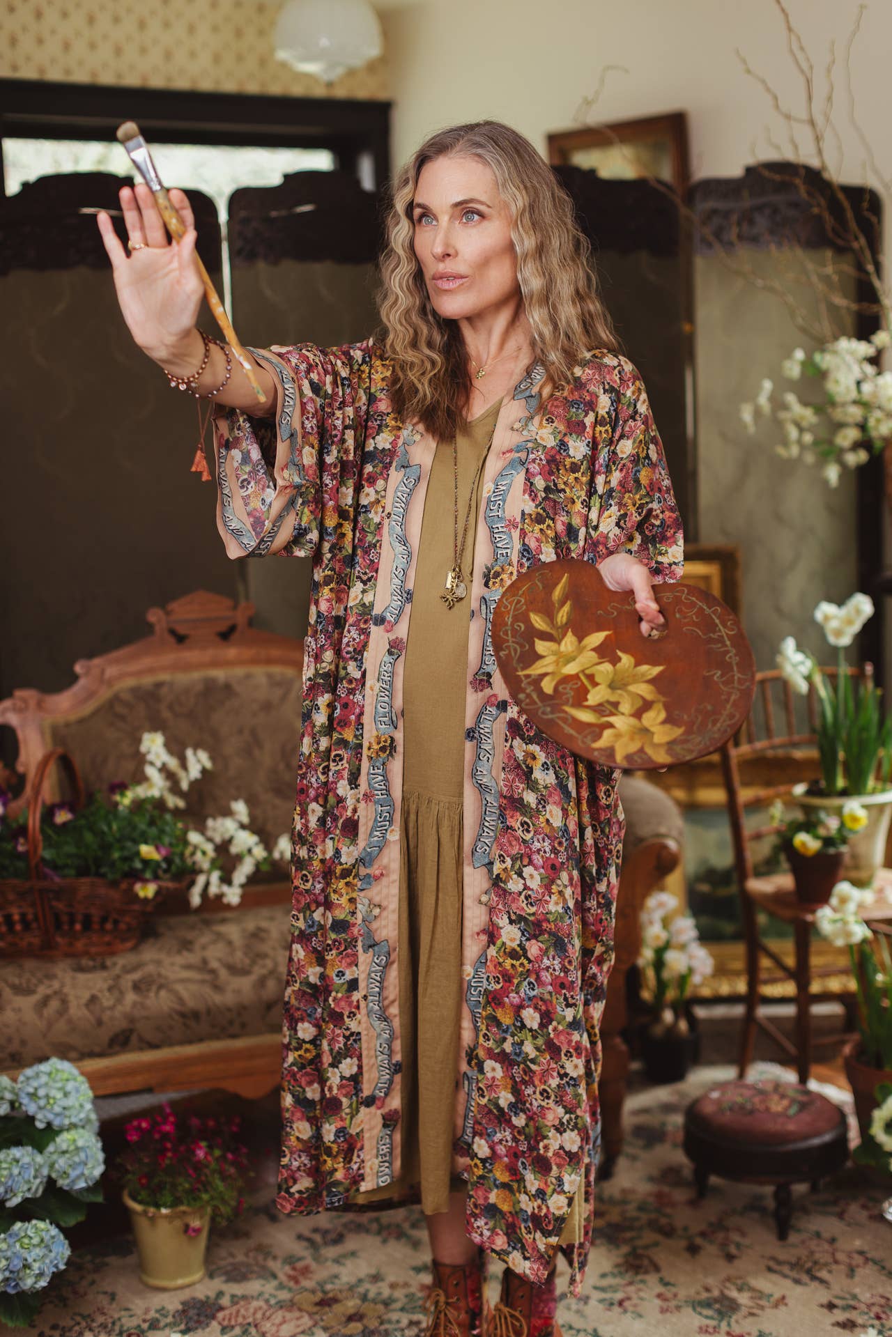 Art of Life Opera Duster Kimono Robe w/Flower Palette Print - ivyandlavyboutique Market of Stars