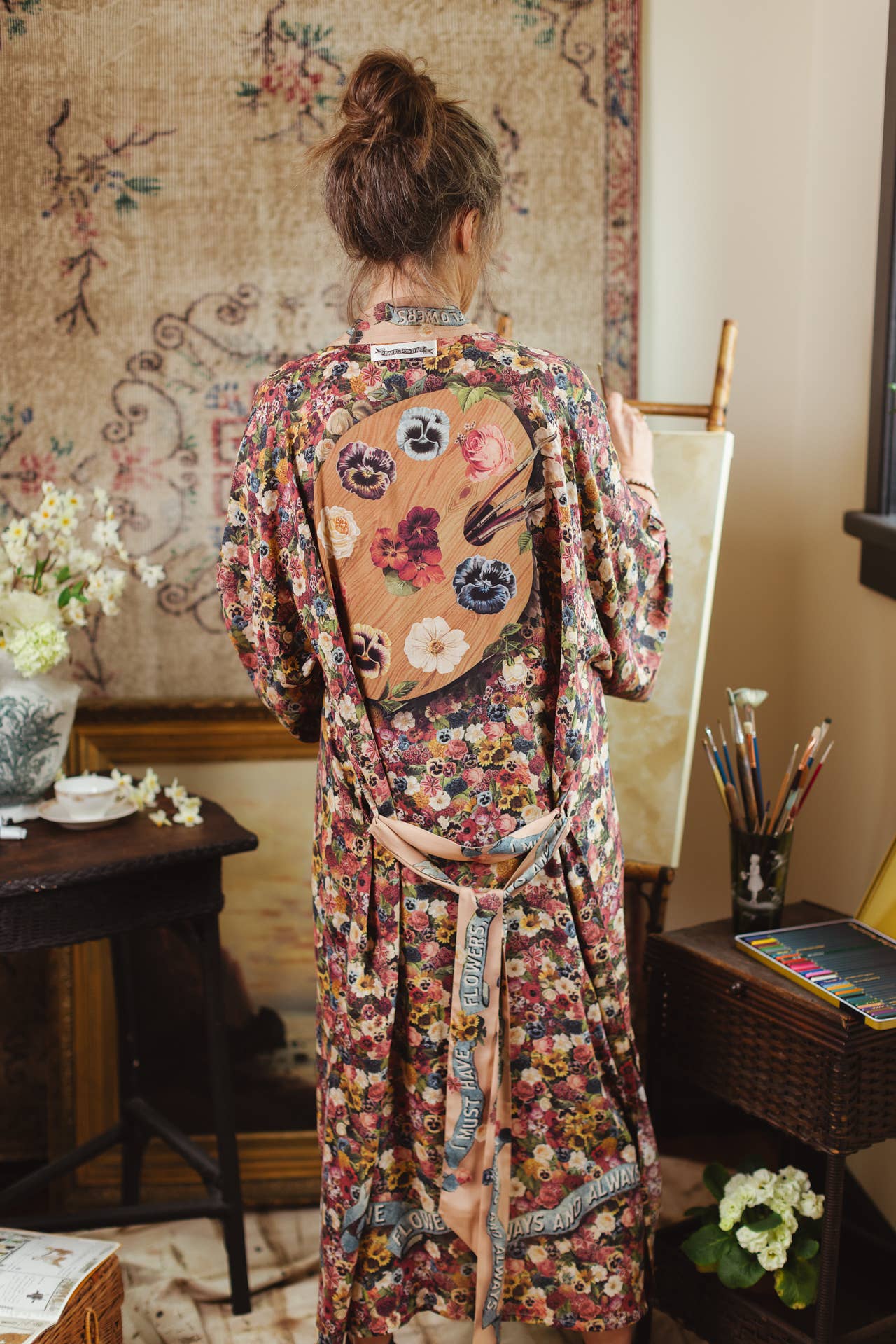 Art of Life Opera Duster Kimono Robe w/Flower Palette Print - ivyandlavyboutique Market of Stars