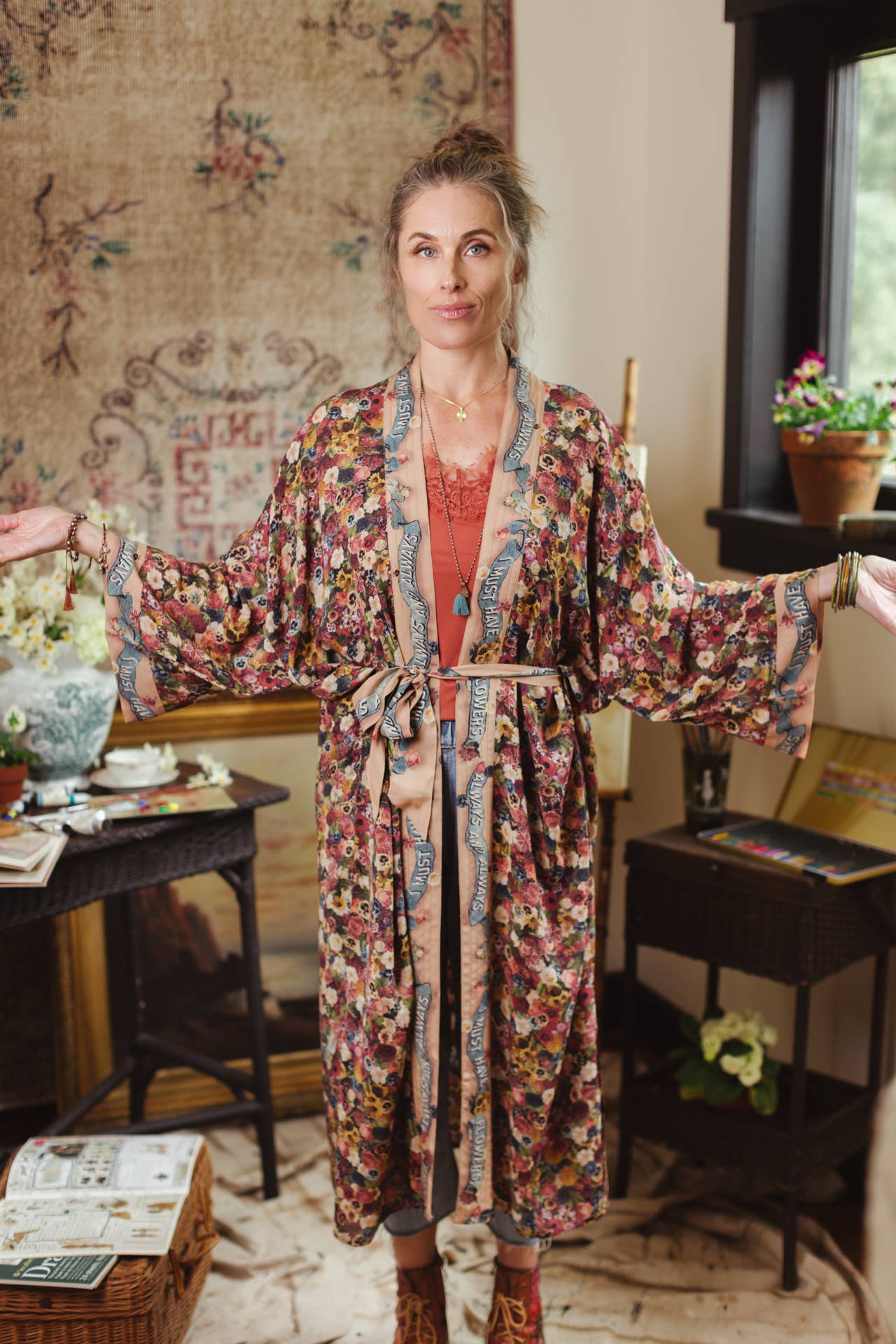 Art of Life Opera Duster Kimono Robe w/Flower Palette Print - ivyandlavyboutique Market of Stars