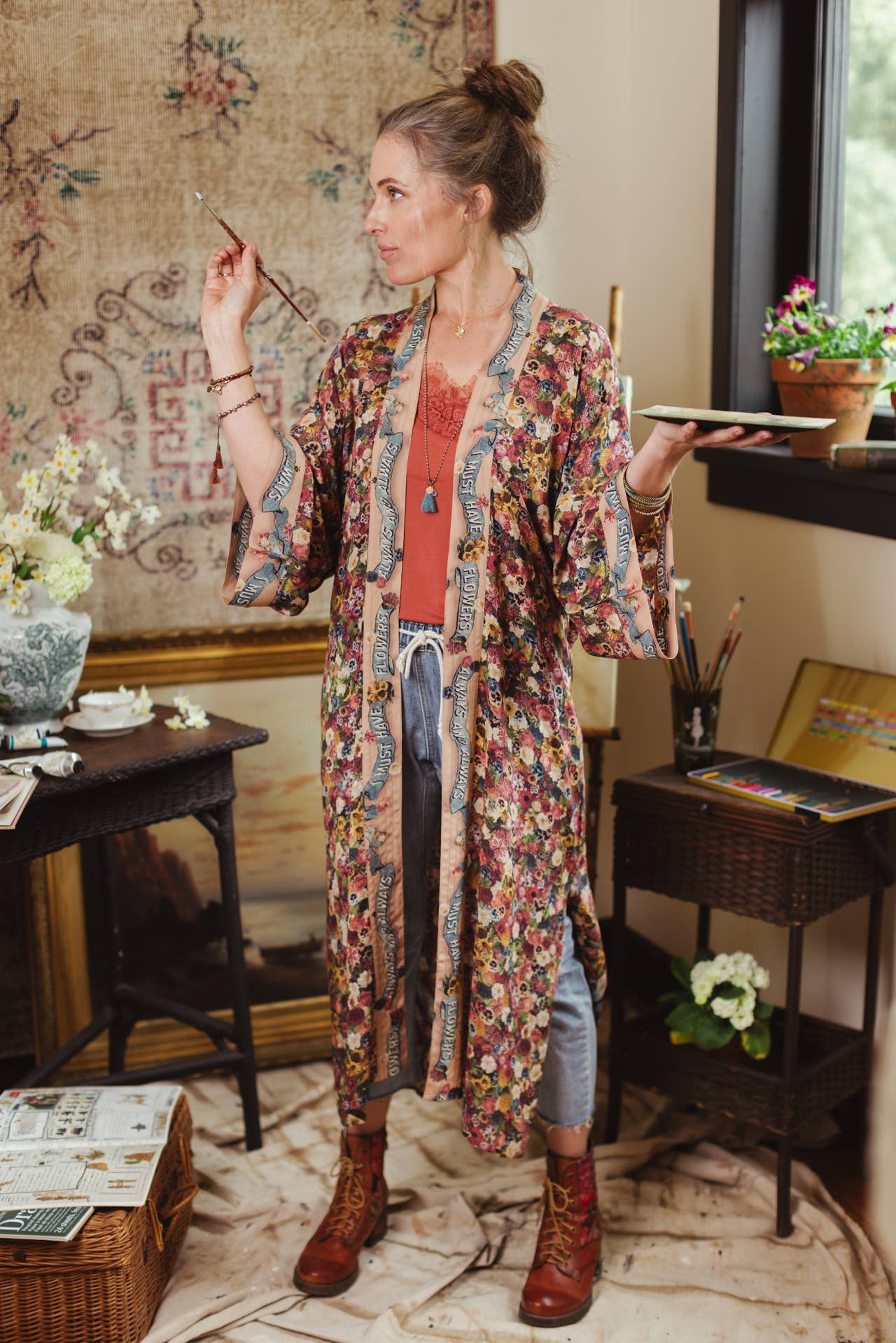 Art of Life Opera Duster Kimono Robe w/Flower Palette Print - ivyandlavyboutique Market of Stars