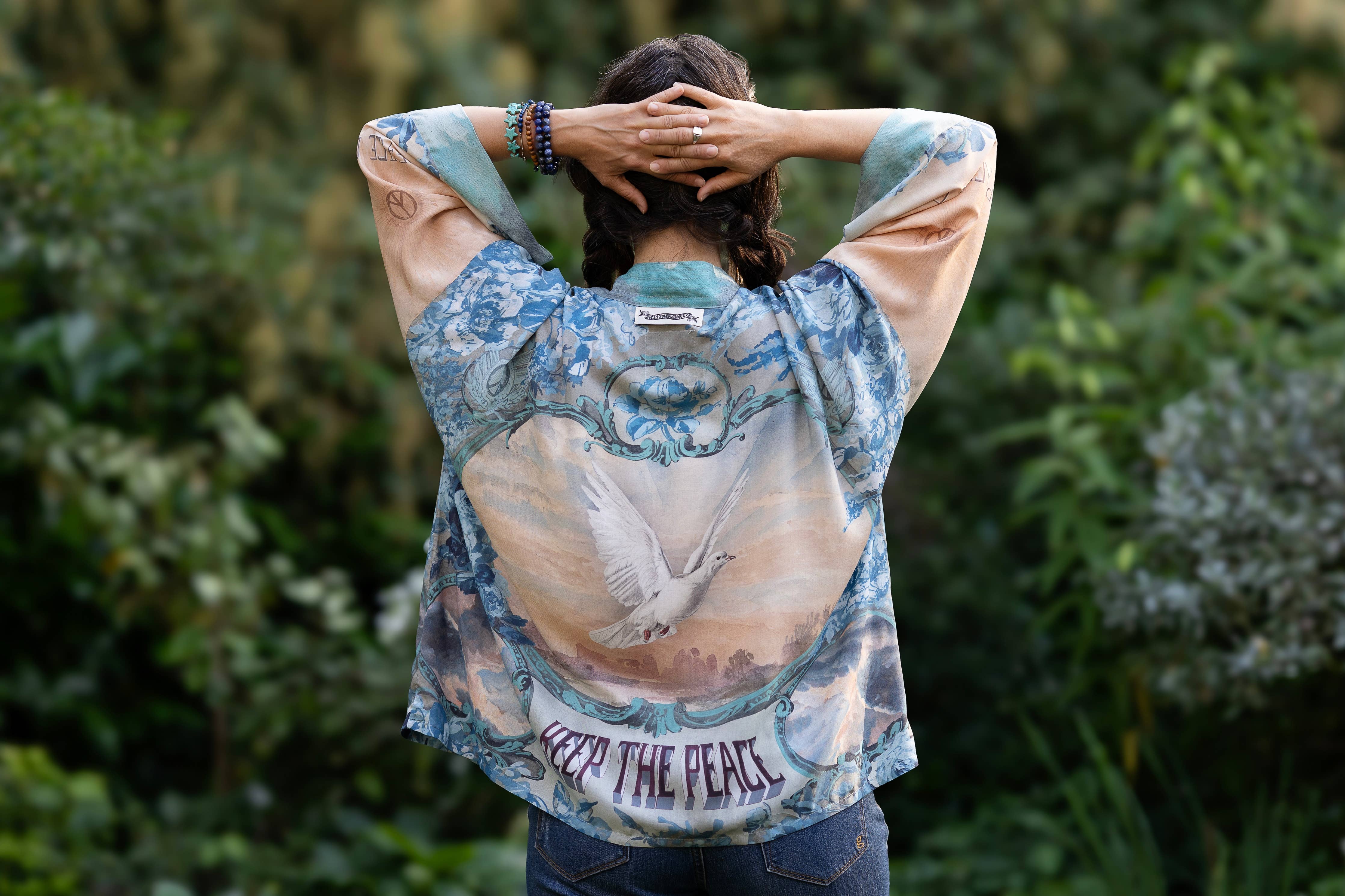 Peace Out Cropped Kimono Pixie Duster with Doves and Sunrise