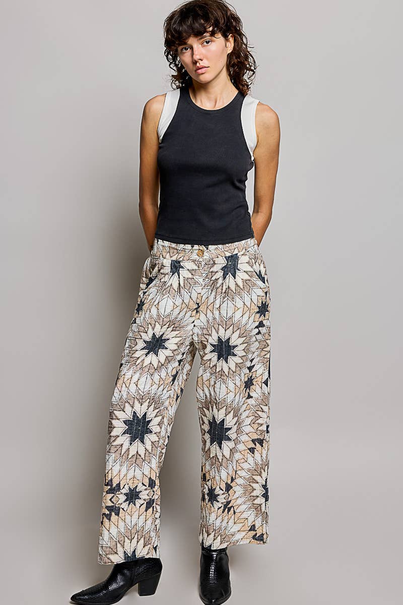 Elasticized Back Waistband Geometric Star Wide Leg Pants
