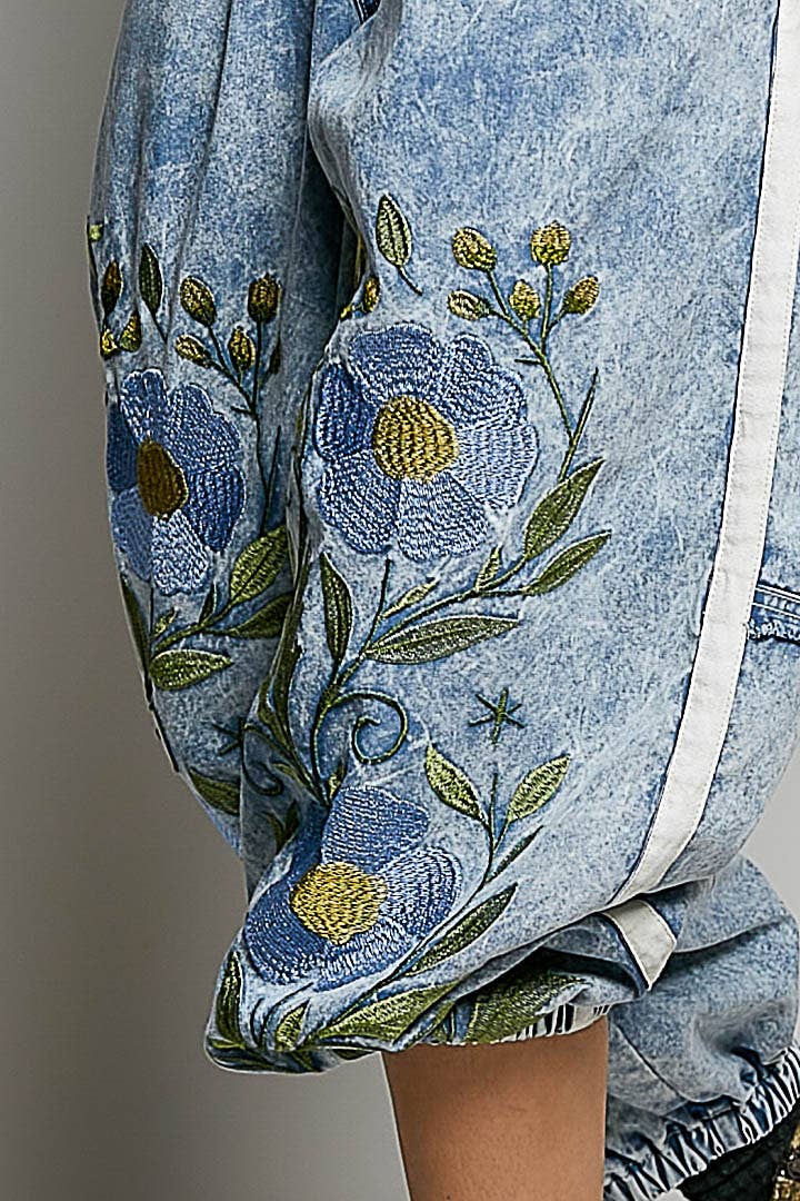 Picking Flower Vintage Floral Artisan Embroidered Twill Jogger Pants