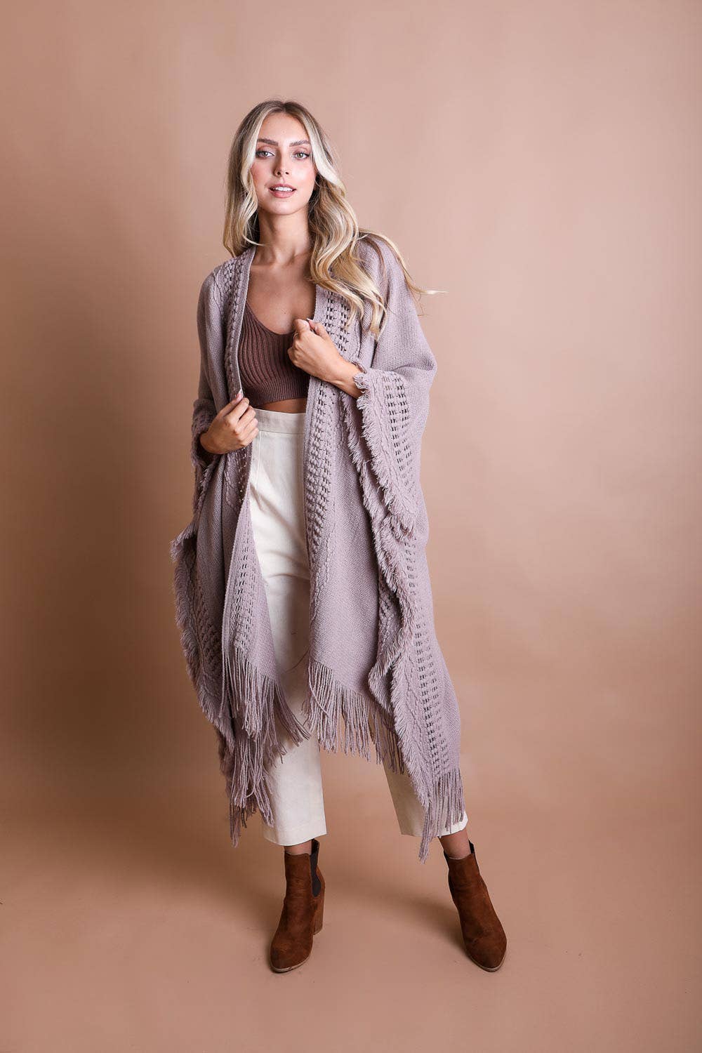 Bestselling Open Work Frayed Border Bohemian Ruana: Gray - ivyandlavyboutique Leto Accessories