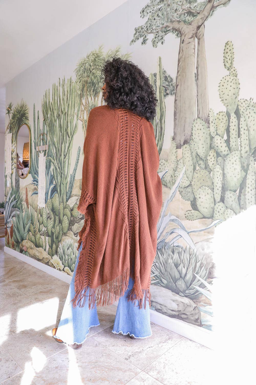 Bestselling Open Work Frayed Border Bohemian Ruana in Rust - ivyandlavyboutique Leto Accessories