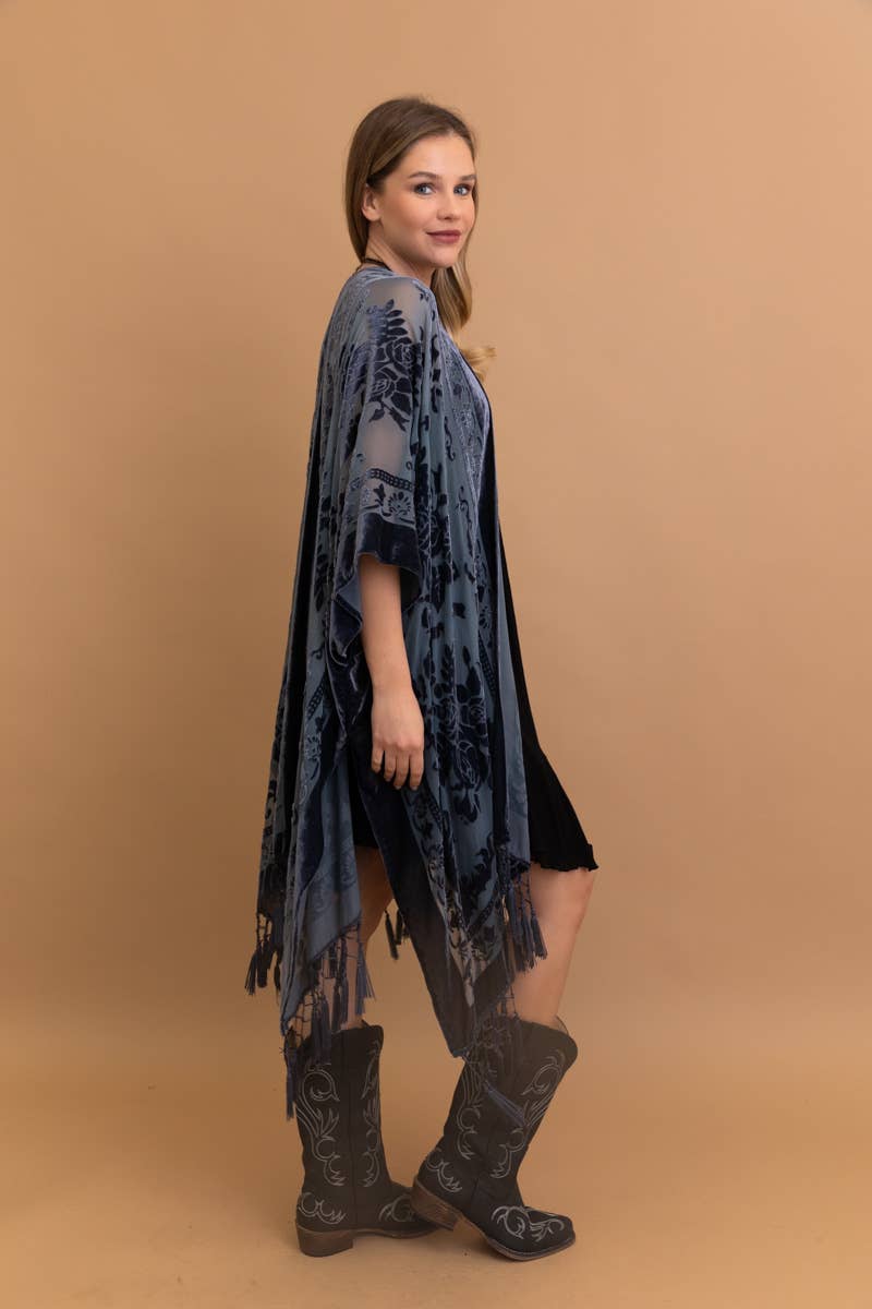 Bestselling Velvet Mesh Tapestry Tassel Kimono 💎: Blue - ivyandlavyboutique Leto Accessories