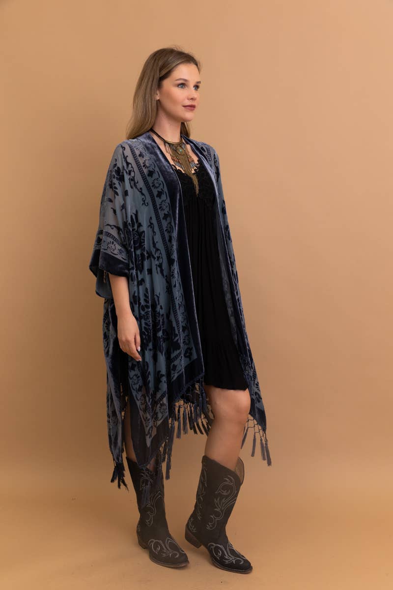 Bestselling Velvet Mesh Tapestry Tassel Kimono 💎: Blue - ivyandlavyboutique Leto Accessories