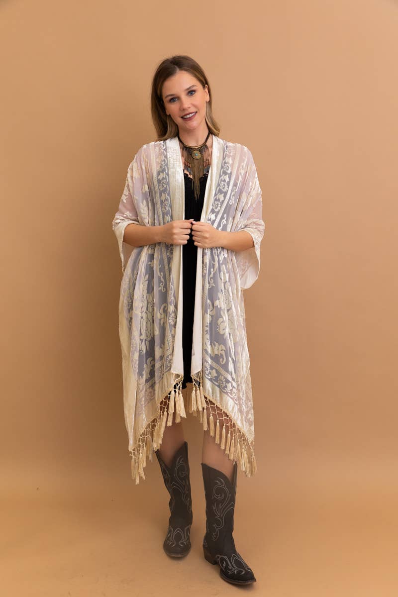 Bestselling Velvet Mesh Tapestry Tassel Kimono 💎: Nude - ivyandlavyboutique Leto Accessories