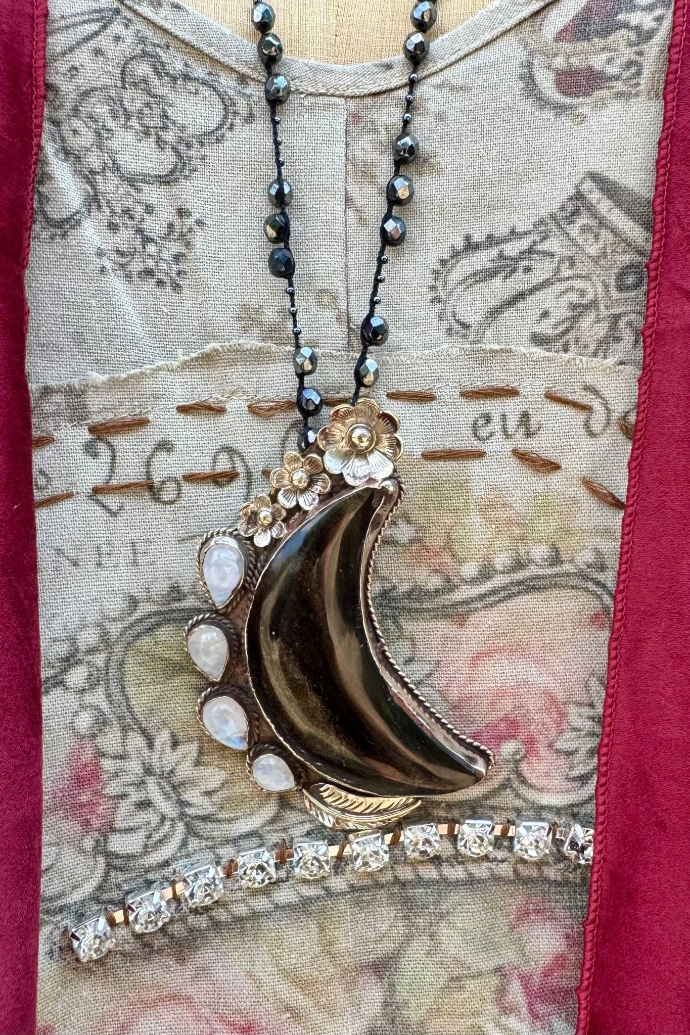 Big Mama Carved Moon Necklace on Knotted Gemstone Chain - ivyandlavyboutique ivyandlavyboutique