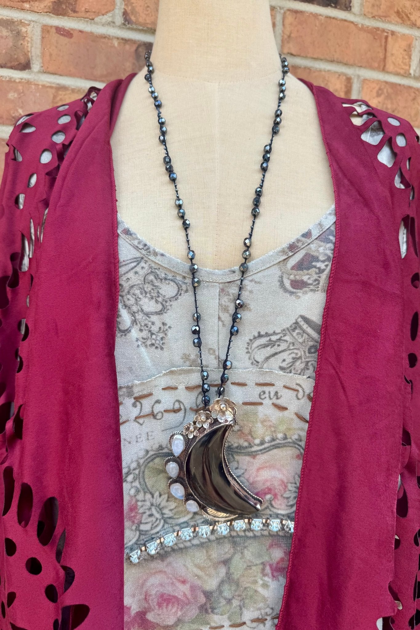 Big Mama Carved Moon Necklace on Knotted Gemstone Chain - ivyandlavyboutique ivyandlavyboutique