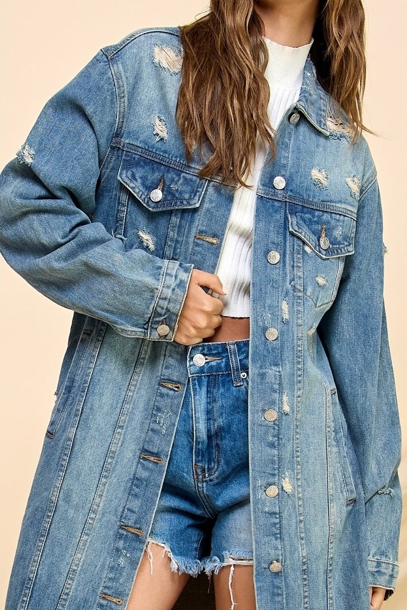 Blissfully Yours Long Denim Trench Jacket - ivyandlavyboutique Vervet