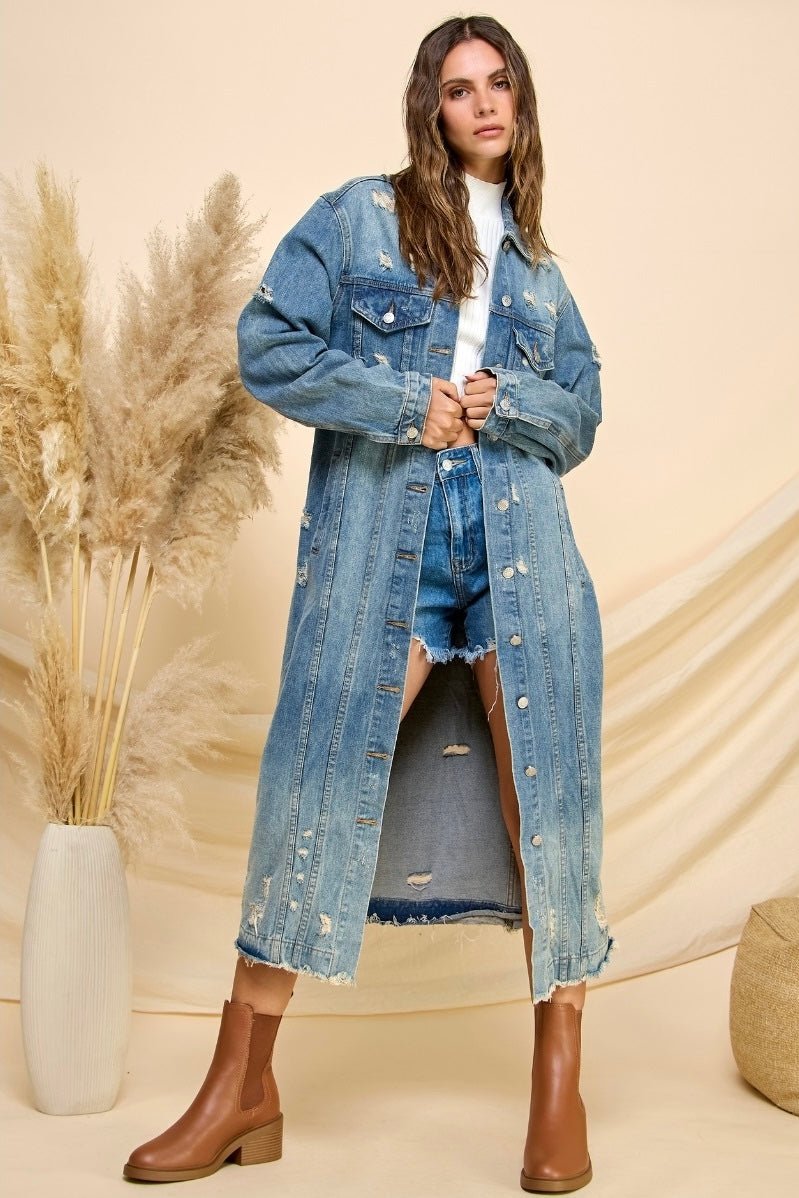 Blissfully Yours Long Denim Trench Jacket - ivyandlavyboutique Vervet