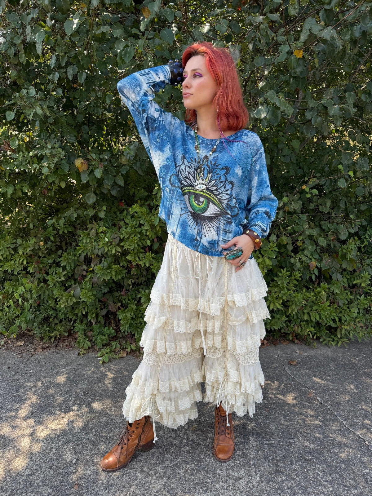 Blue Denim Eye Round Knit Printed Sweater - ivyandlavyboutique LOOWIE