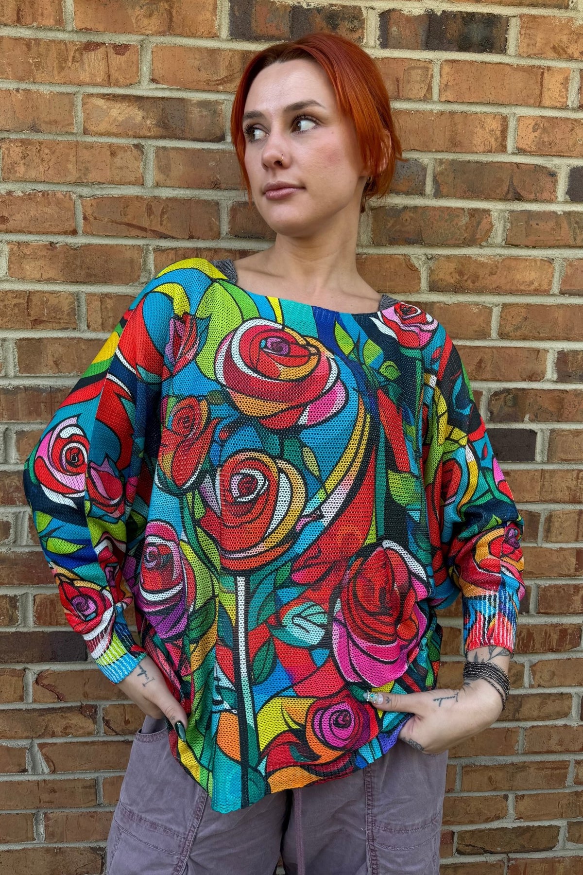 Blue Floral V-Neck Knit Printed Sweater - ivyandlavyboutique LOOWIE