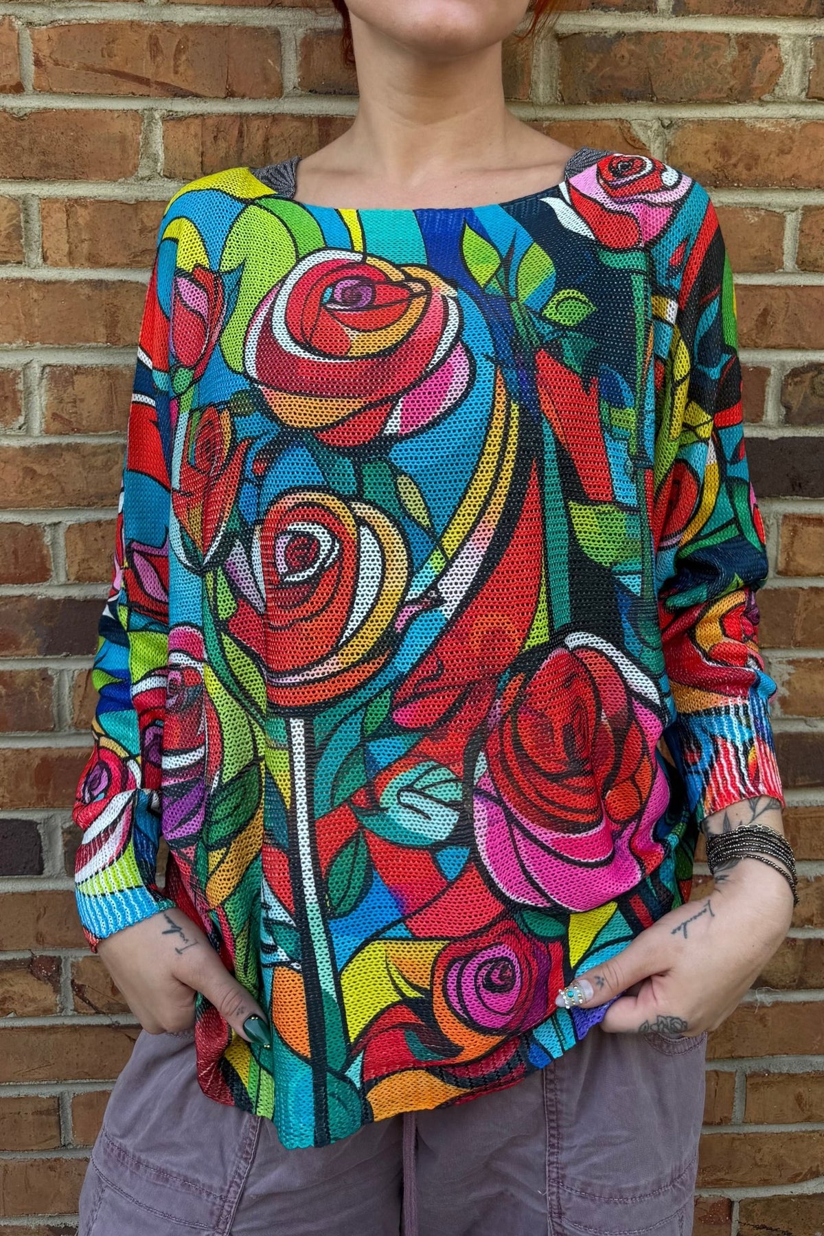 Blue Floral V-Neck Knit Printed Sweater - ivyandlavyboutique LOOWIE