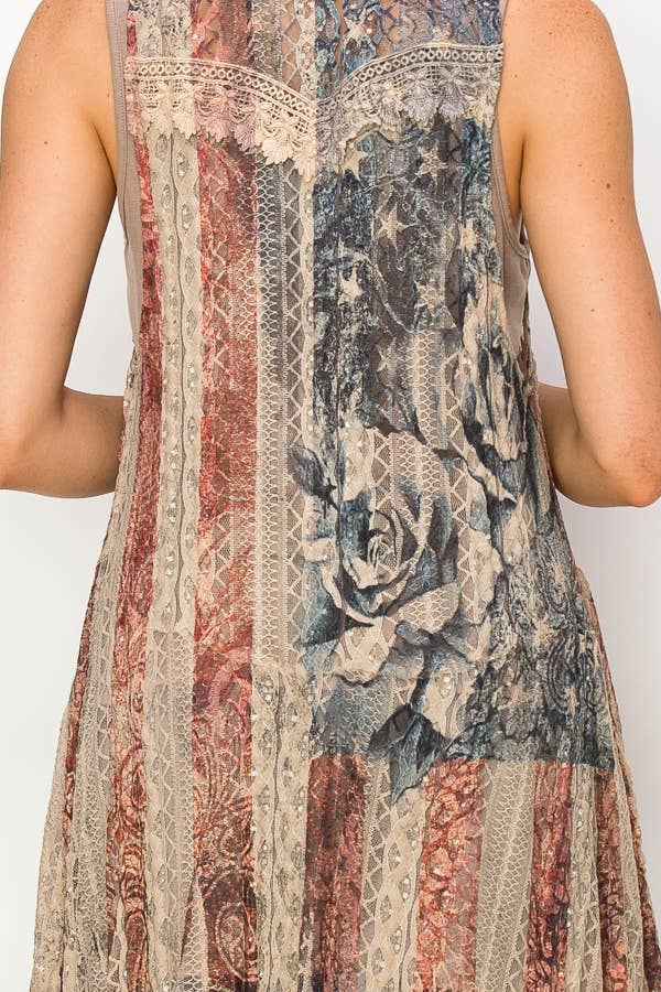 BOHEMIAN ALL LACE HI LOW VEST - TAUPE/PAT ROSE: Patriotic Rose - ivyandlavyboutique Origami Apparel ~ Lace and Crochet inspired