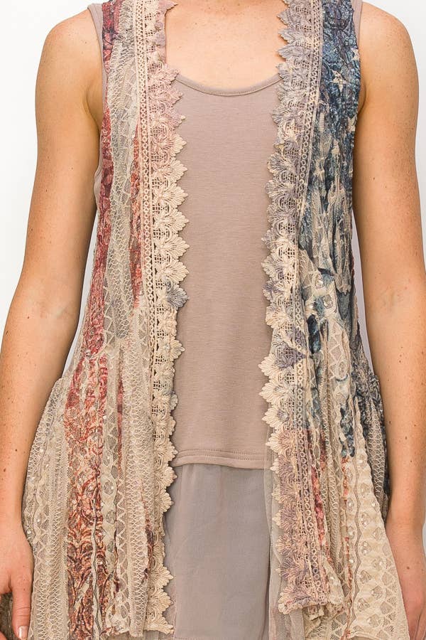 BOHEMIAN ALL LACE HI LOW VEST - TAUPE/PAT ROSE: Patriotic Rose - ivyandlavyboutique Origami Apparel ~ Lace and Crochet inspired