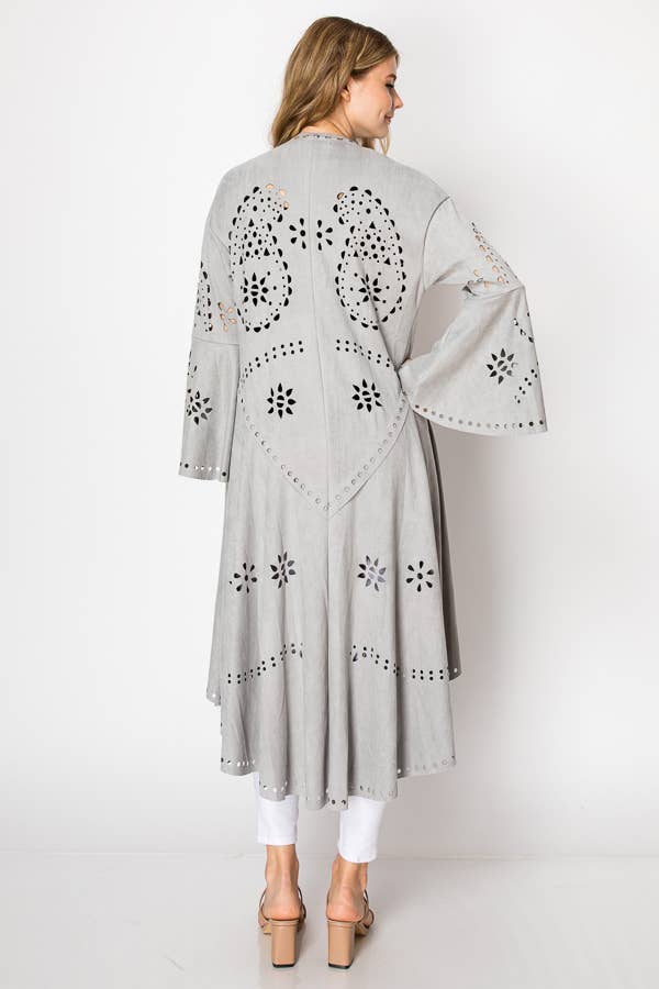 Boho Laser - Cut Faux Suede Jacket With High - Low Hem - ivyandlavyboutique Origami Apparel ~ Lace and Crochet inspired