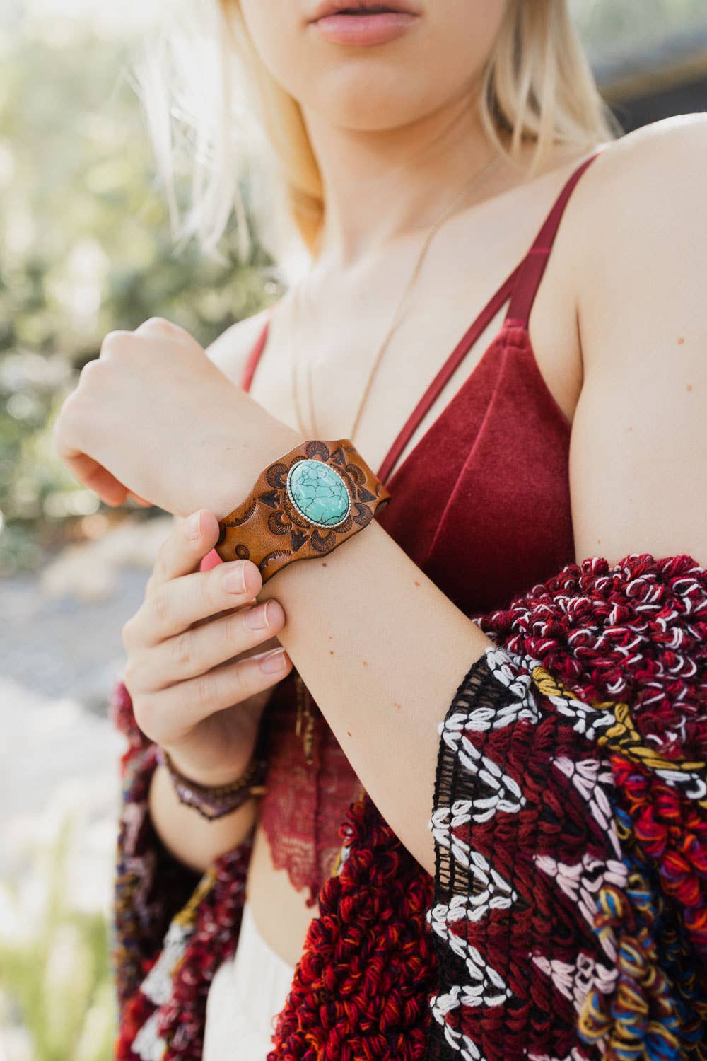 Boho Turquoise Stone Camel Leather Cuff Bracelet - ivyandlavyboutique Leto Accessories