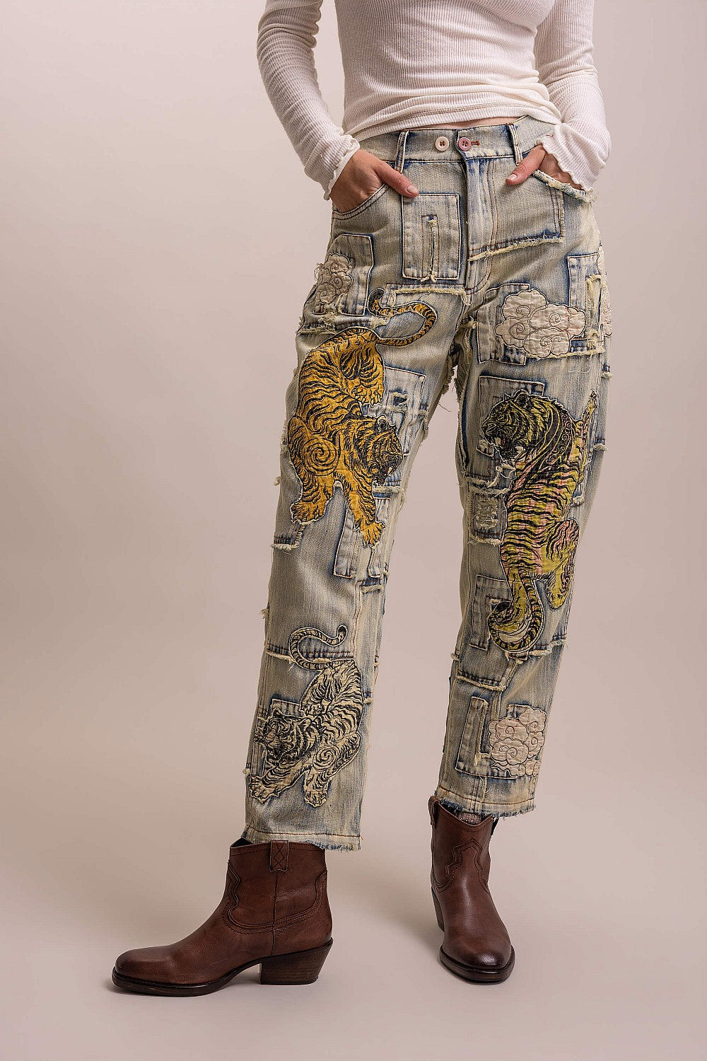 PREORDER - Here Kitty Kitty Patchwork Tiger Denim Pants
