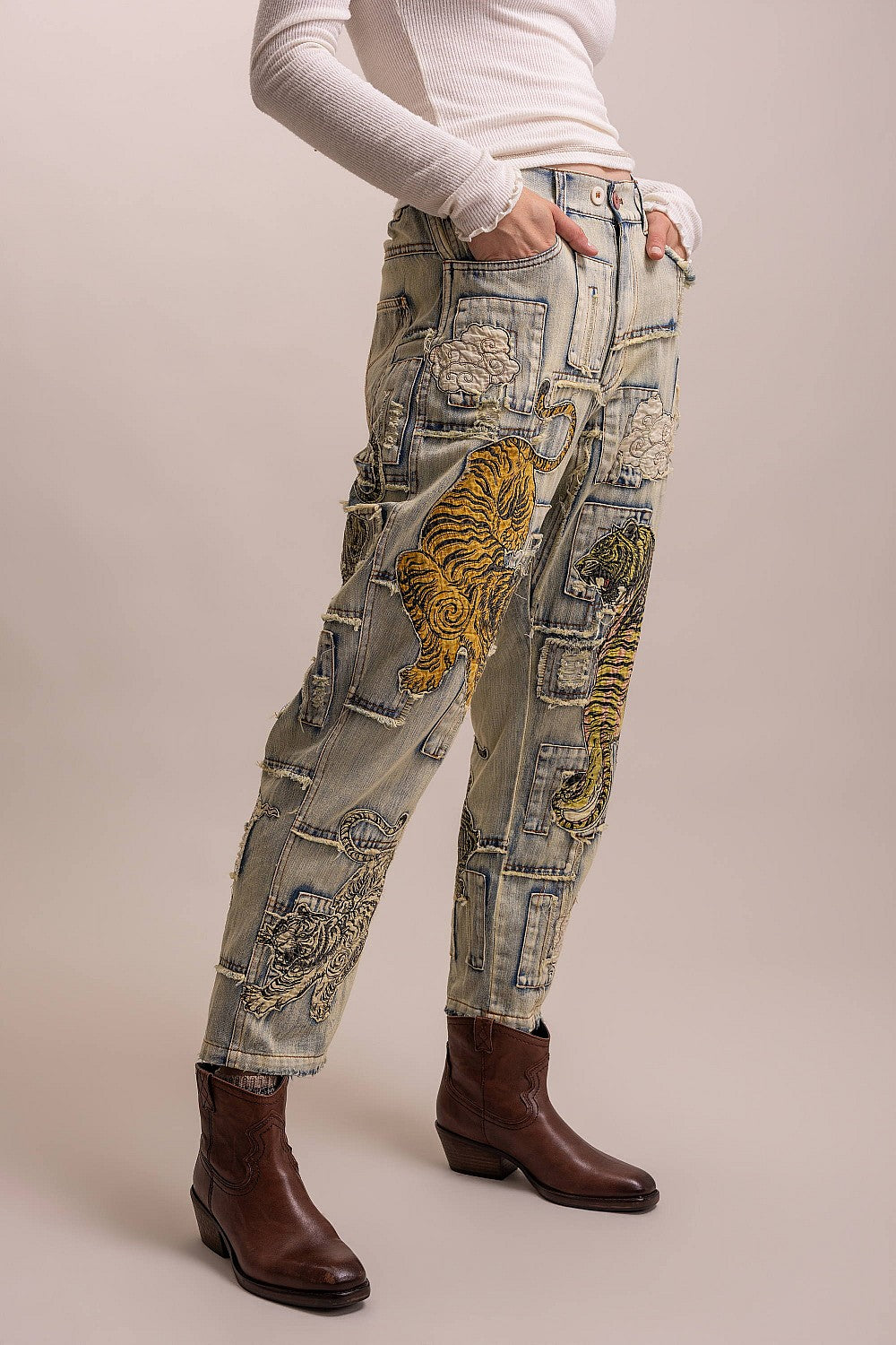 PREORDER - Here Kitty Kitty Patchwork Tiger Denim Pants