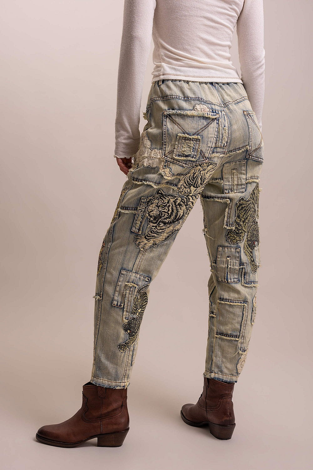 PREORDER - Here Kitty Kitty Patchwork Tiger Denim Pants