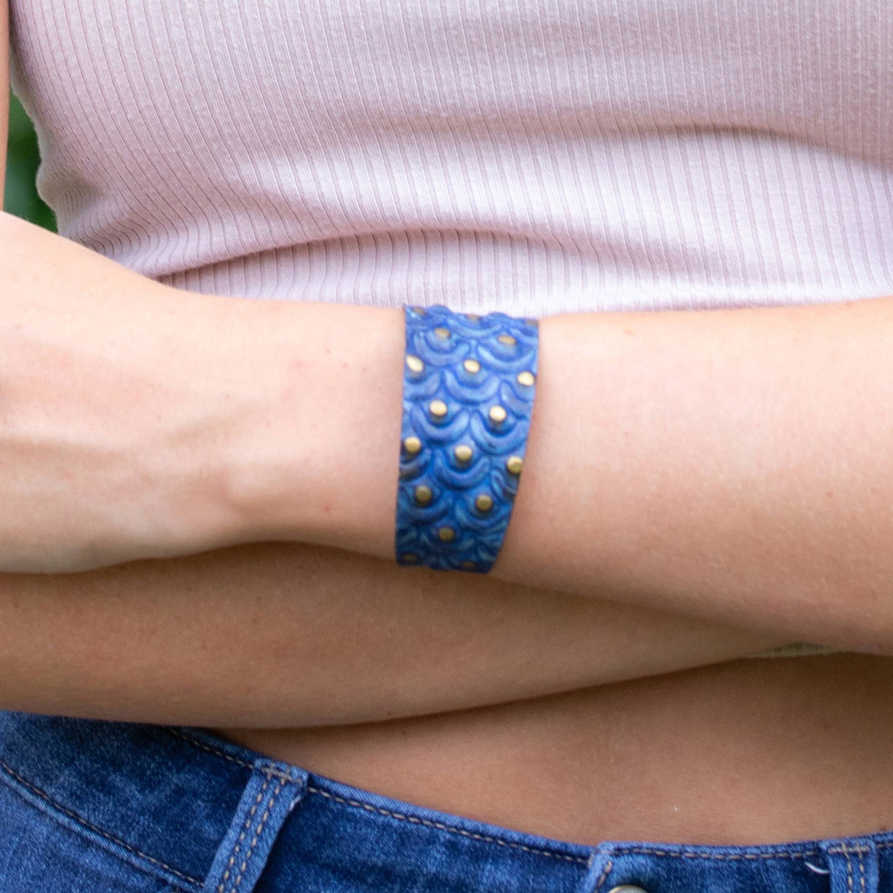 Brass Patina Bracelet - Cobalt Blue Waves and Dots - ivyandlavyboutique Anju Jewelry