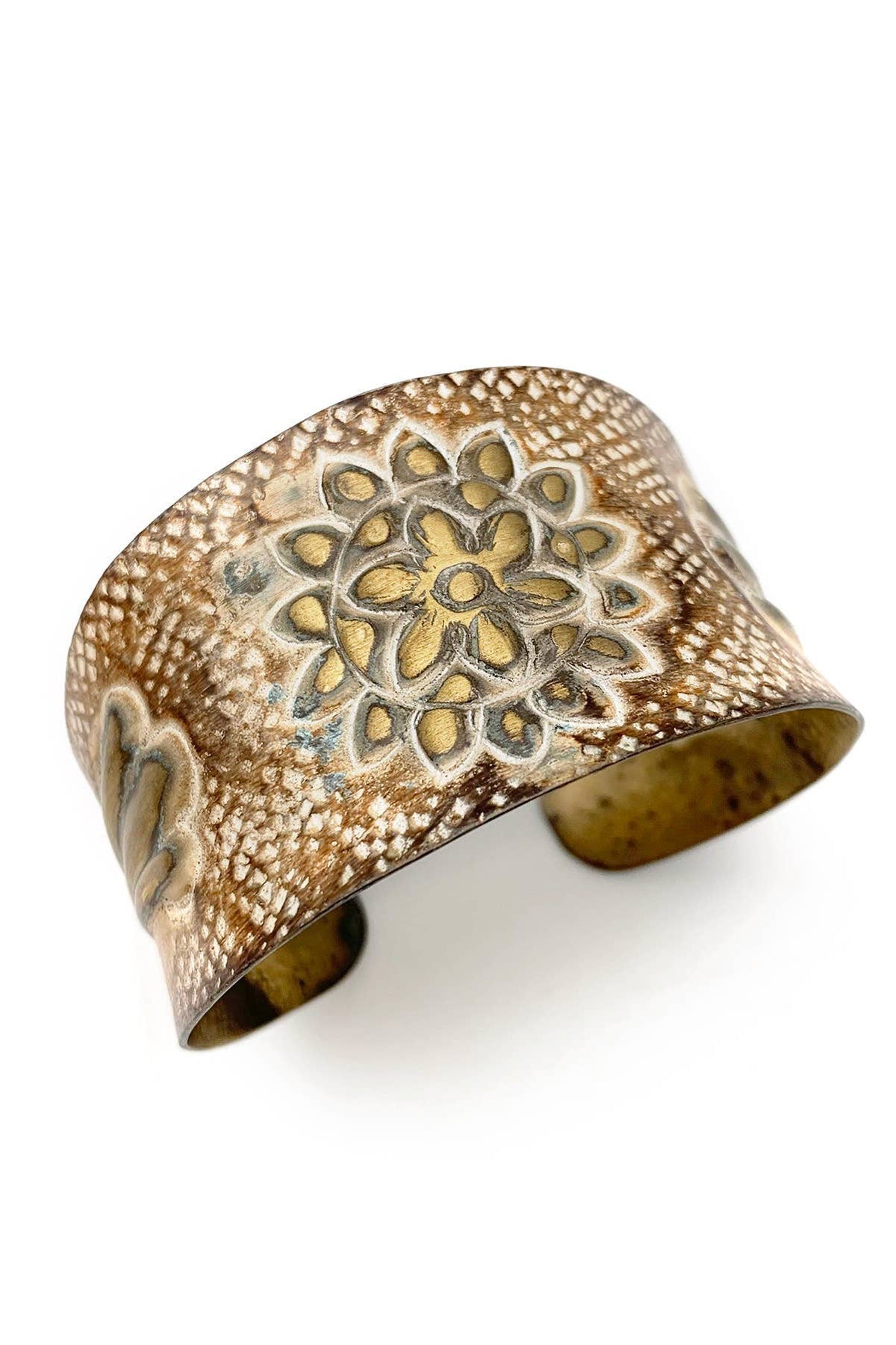 Brass Patina Bracelet - Warm Brown and White Sunflower - ivyandlavyboutique Anju Jewelry
