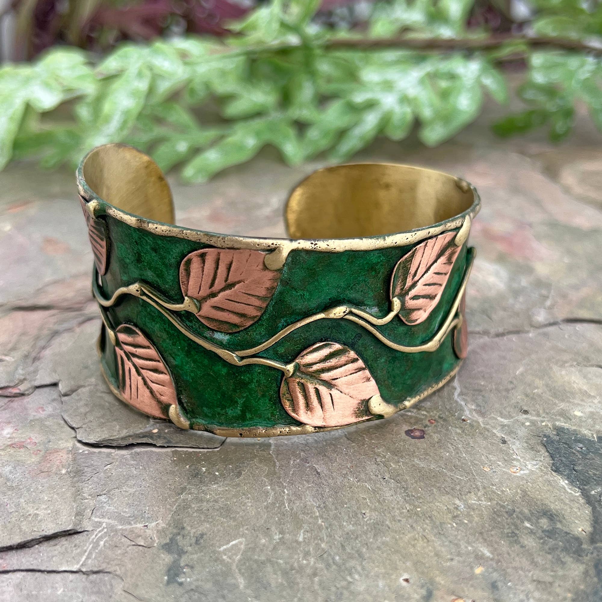 Brass Patina Cuff Bracelet - Green Leaves & Vines - ivyandlavyboutique Anju Jewelry