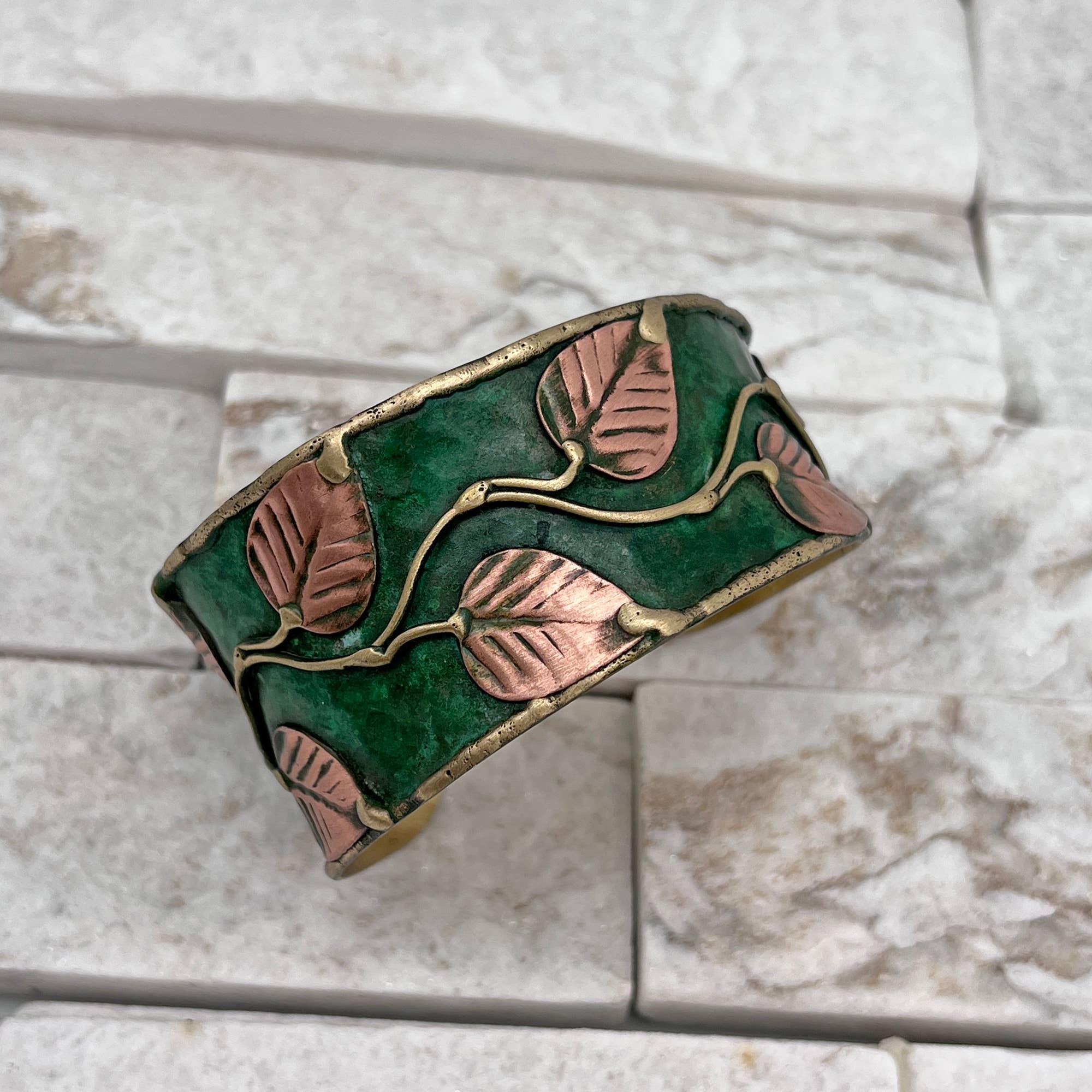 Brass Patina Cuff Bracelet - Green Leaves & Vines - ivyandlavyboutique Anju Jewelry