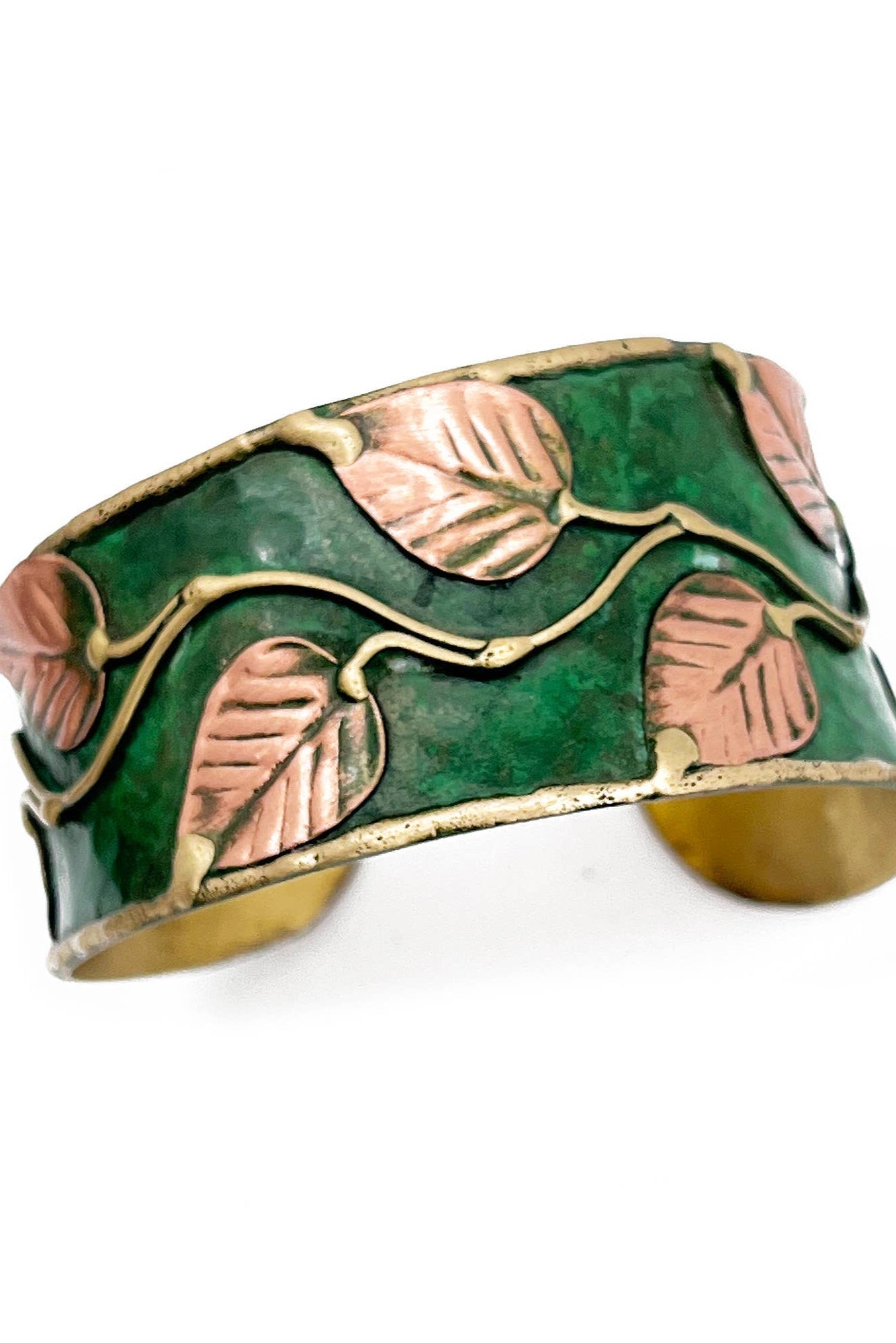 Brass Patina Cuff Bracelet - Green Leaves & Vines - ivyandlavyboutique Anju Jewelry
