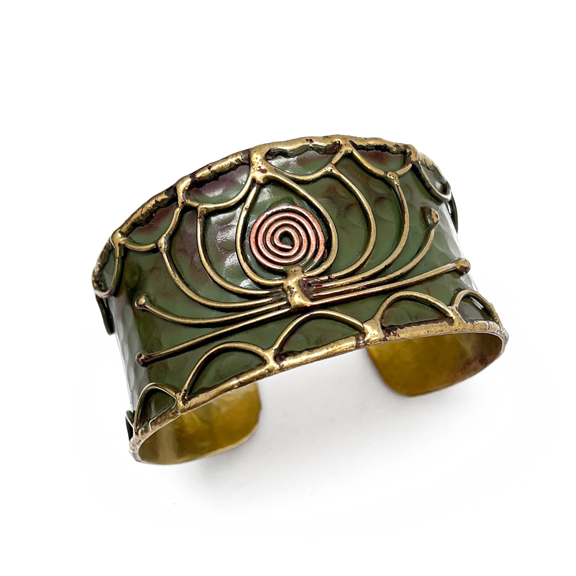 Brass Patina Cuff Bracelet - Green Open Lotus - ivyandlavyboutique Anju Jewelry