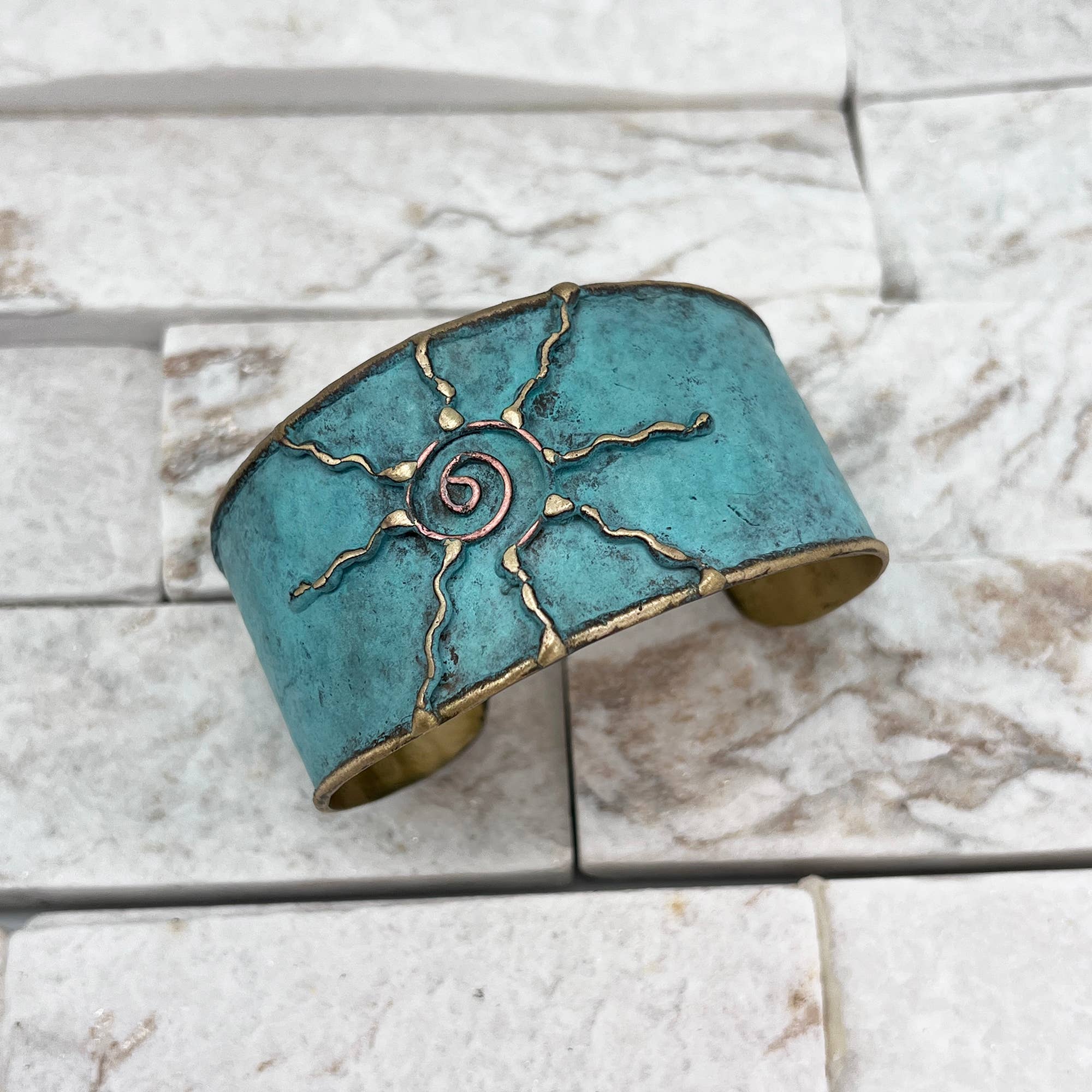 Brass Patina Cuff Bracelet - Light Blue Sun - ivyandlavyboutique Anju Jewelry