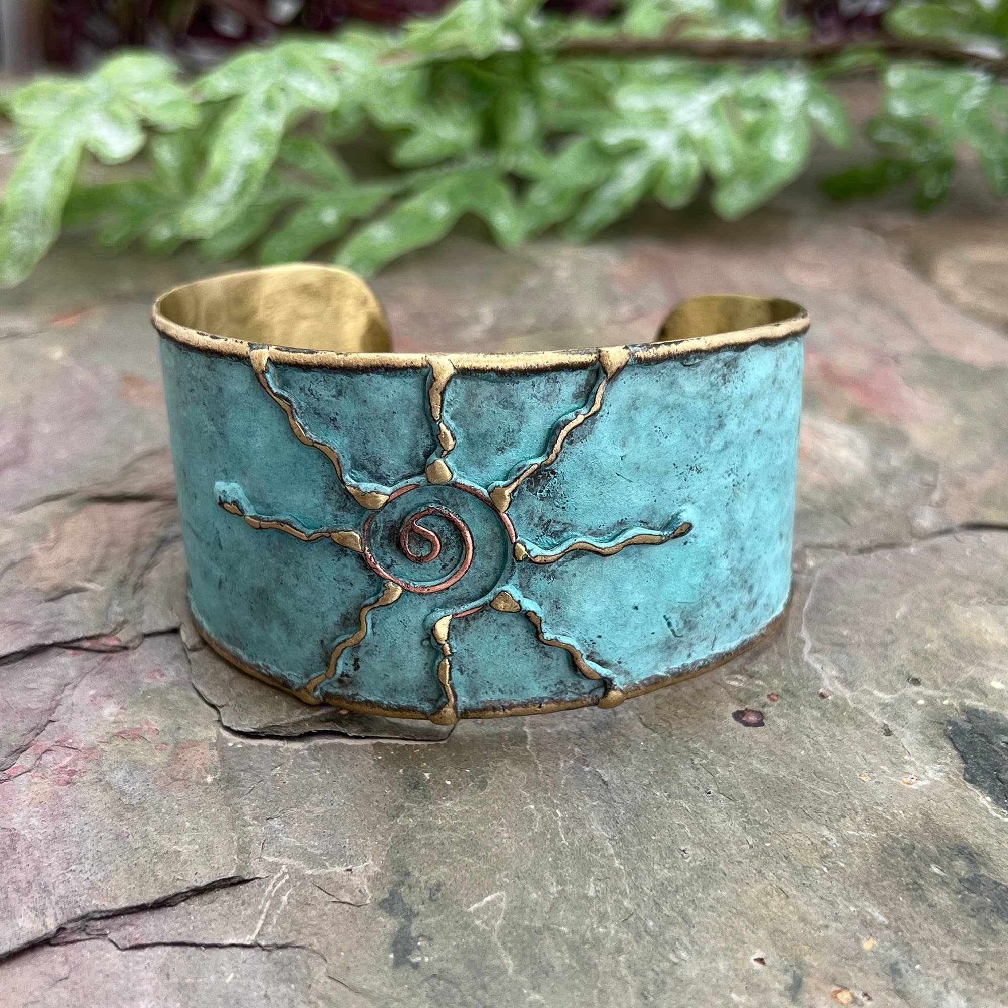Brass Patina Cuff Bracelet - Light Blue Sun - ivyandlavyboutique Anju Jewelry