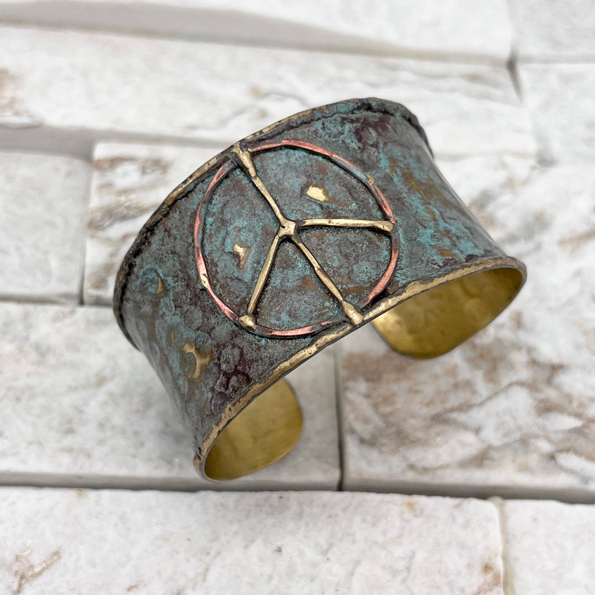 Brass Patina Cuff Bracelet - Rustic Blue Peace Sign - ivyandlavyboutique Anju Jewelry