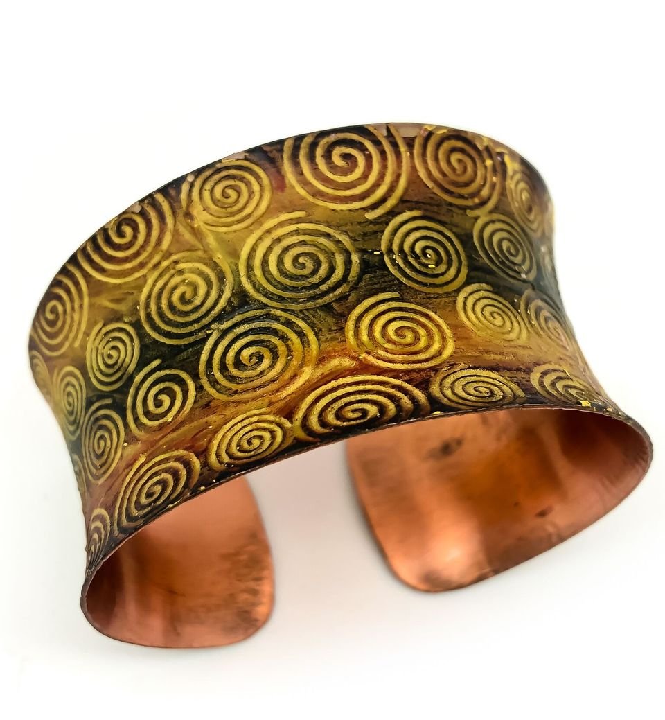 Brass Patina Cuff in Yellow Swirls - ivyandlavyboutique Anju Jewelry