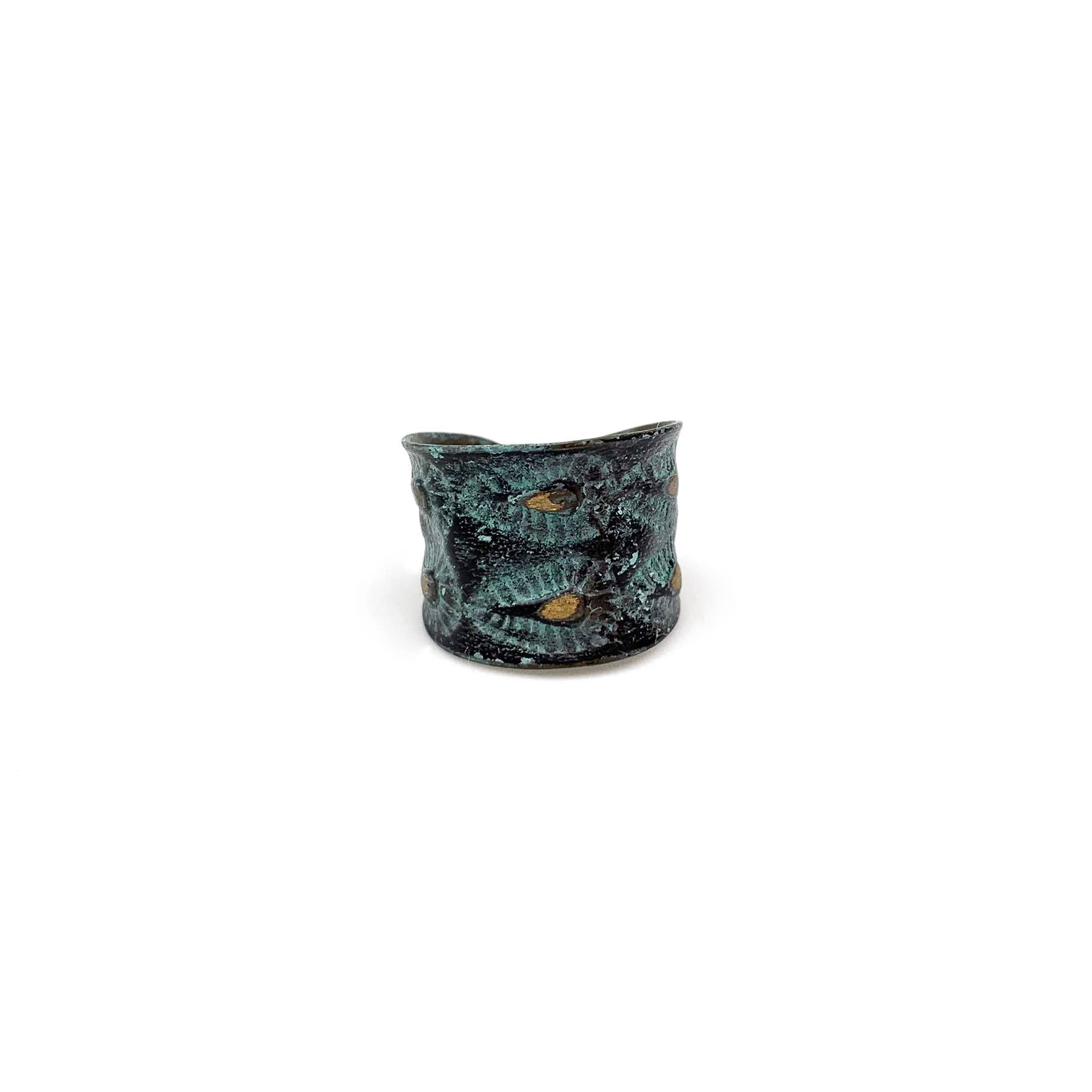 Brass Patina Ring - Aqua on Brown Teardrops and Dots - ivyandlavyboutique Anju Jewelry